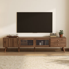 76" Modern Minimal Glass-Doors TV Stand for TVs up to 85 Inches, Wood-Grain Entertainment Center with Storage Cabinets, TV Media Console Table for Living Room, Bedroom
