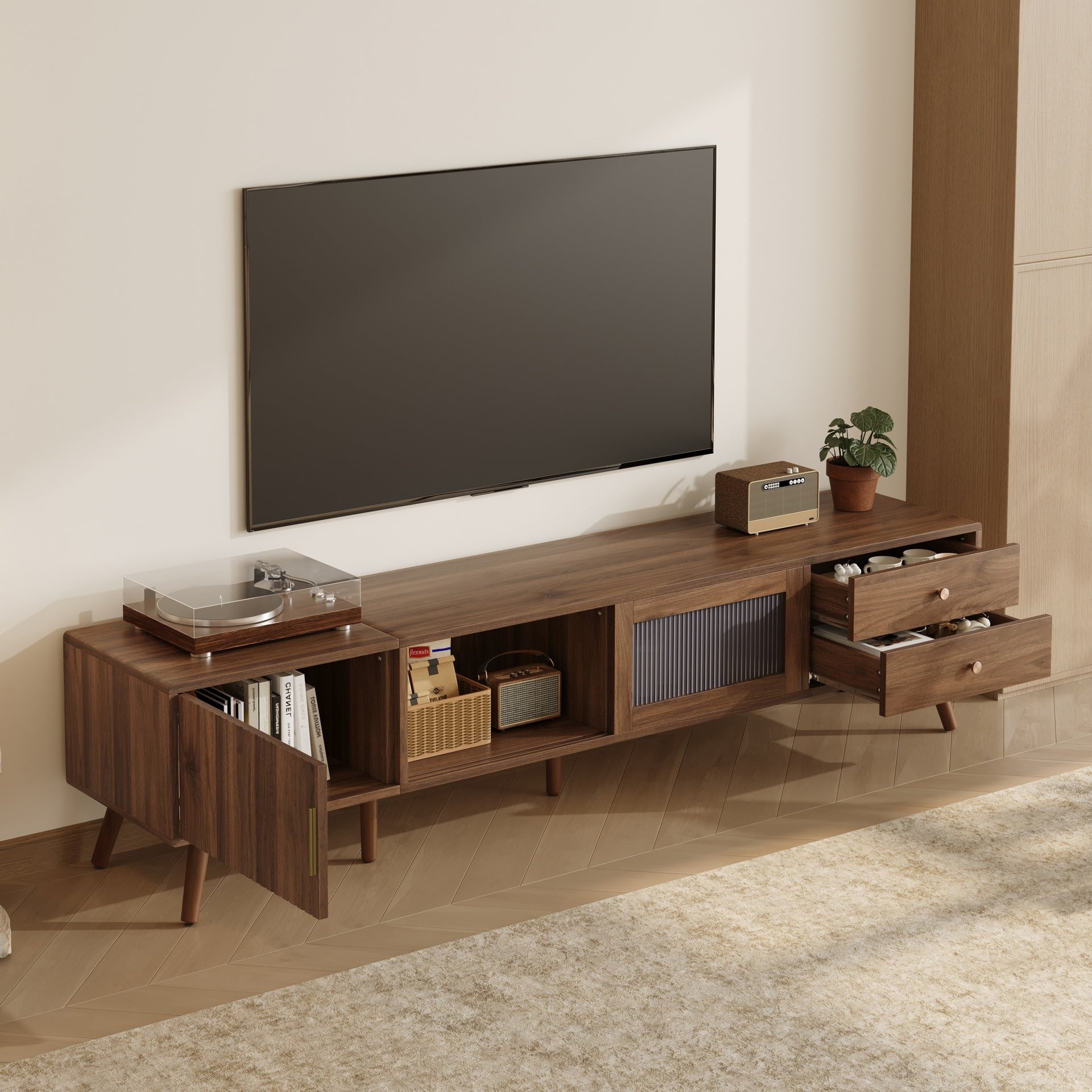 76" Modern Minimal Glass-Doors TV Stand for TVs up to 85 Inches, Wood-Grain Entertainment Center with Storage Cabinets, TV Media Console Table for Living Room, Bedroom