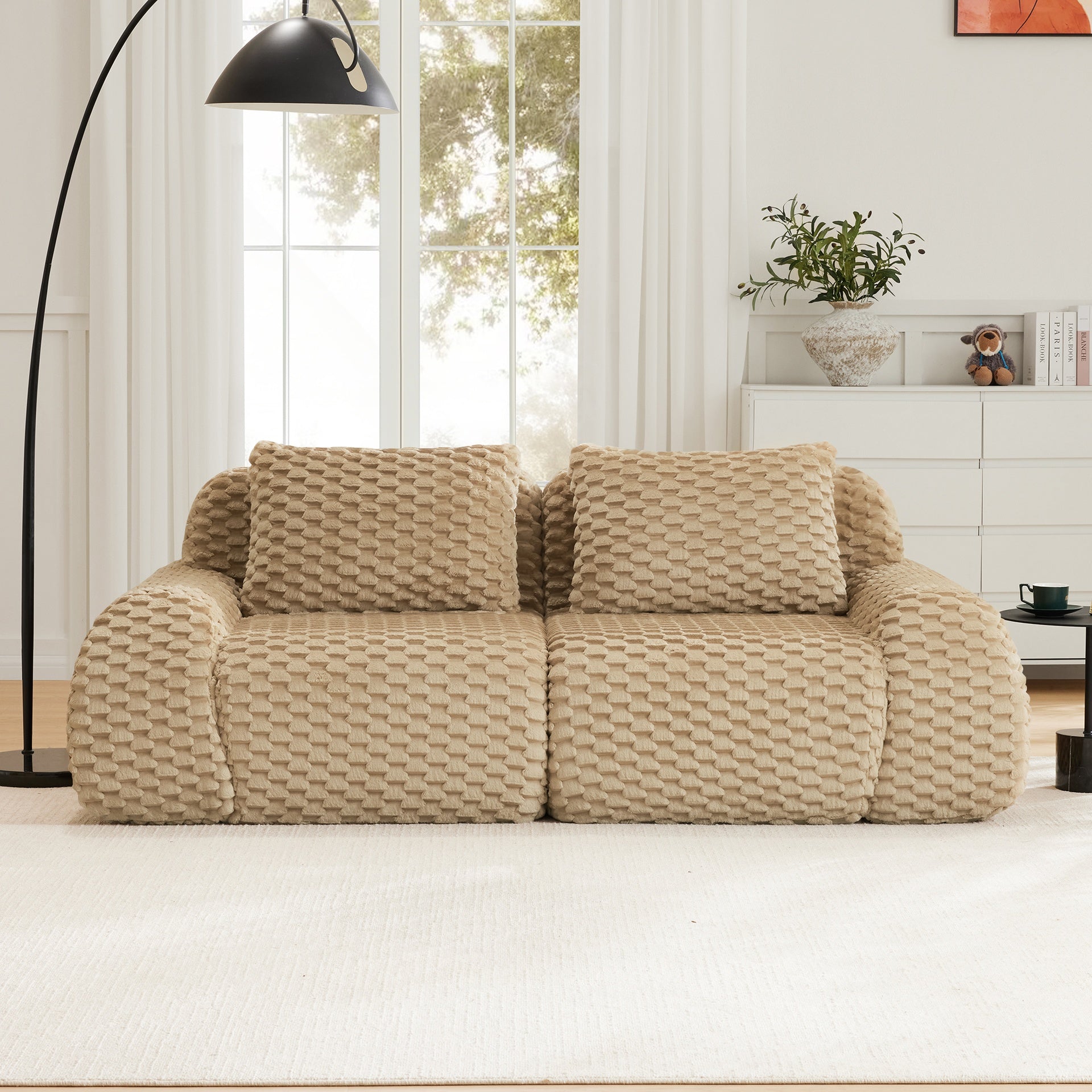 82" Modern Modular Sectional Sofa for Living Room,Flannelette Fabric,highly textured,Oversized 2-Seater Couch with Deep Seat,Buckle connection,Anti-slip Design,No Assembly,boneless sofa,Light Camel