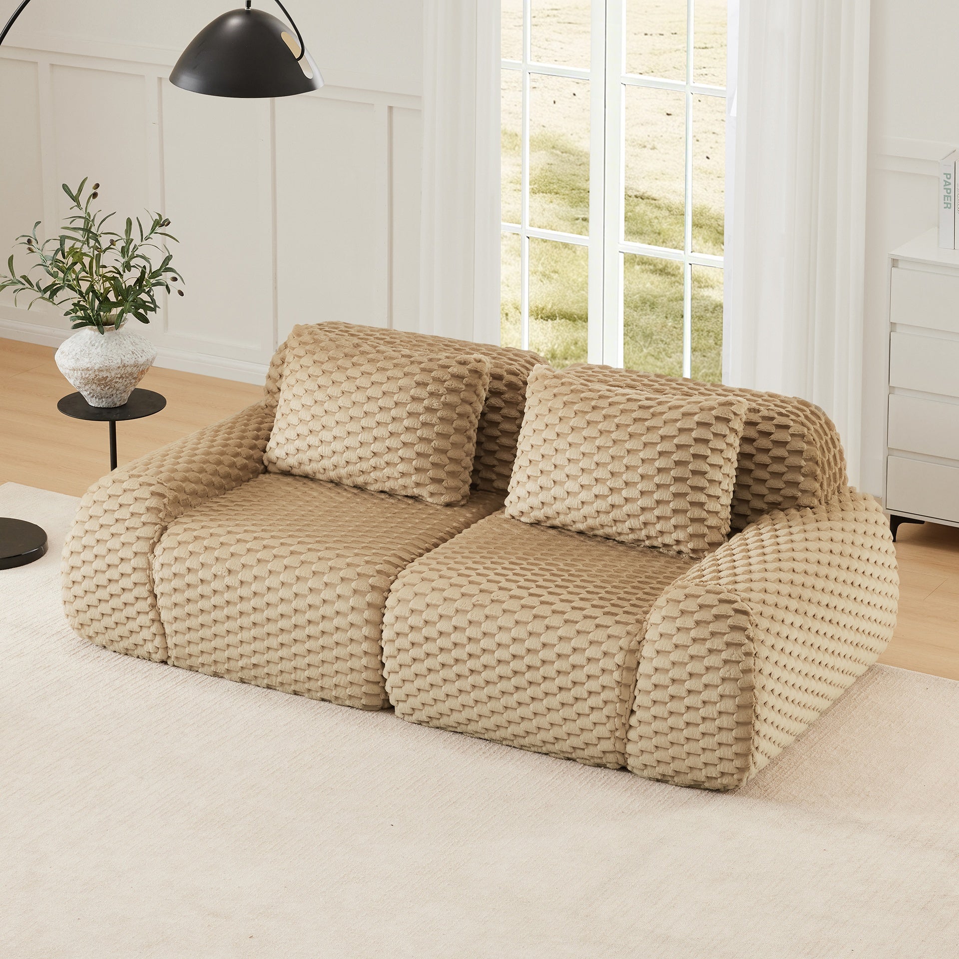 82" Modern Modular Sectional Sofa for Living Room,Flannelette Fabric,highly textured,Oversized 2-Seater Couch with Deep Seat,Buckle connection,Anti-slip Design,No Assembly,boneless sofa,Light Camel
