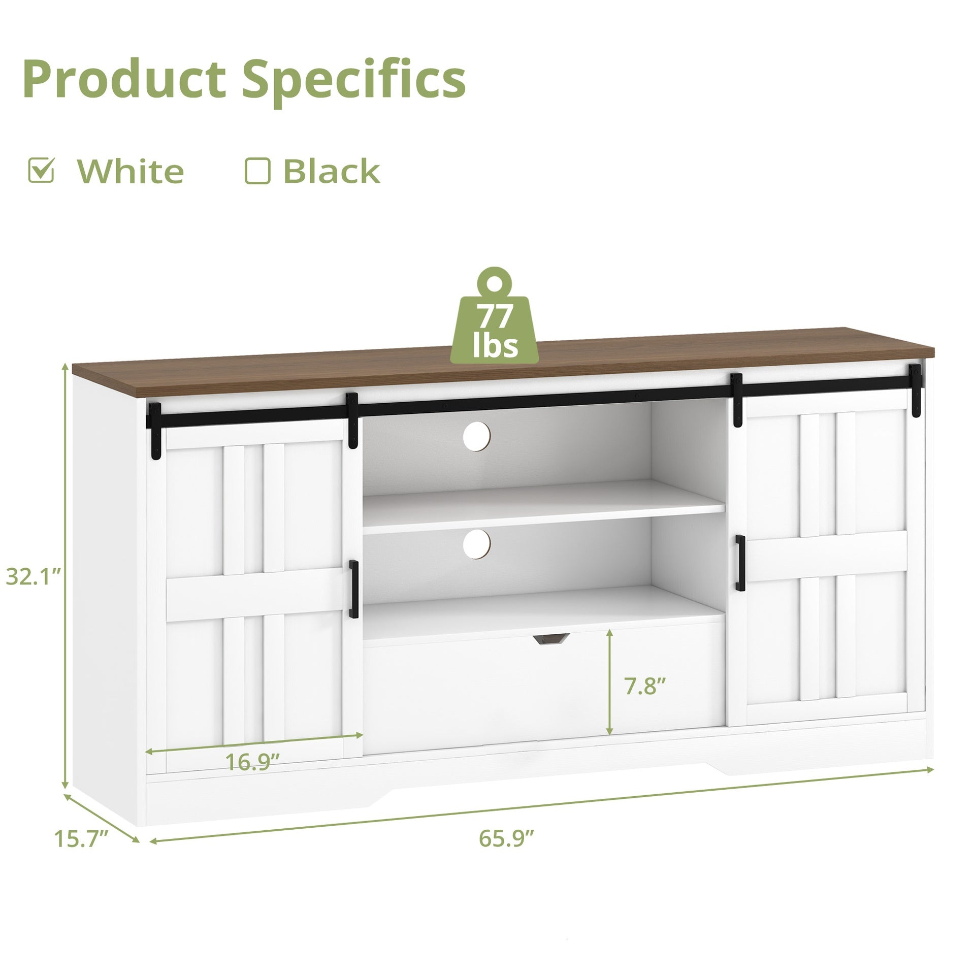TV Stand for 65 Inch TV, Mid Century Modern Entertainment Center with Sliding Barn Doors, White