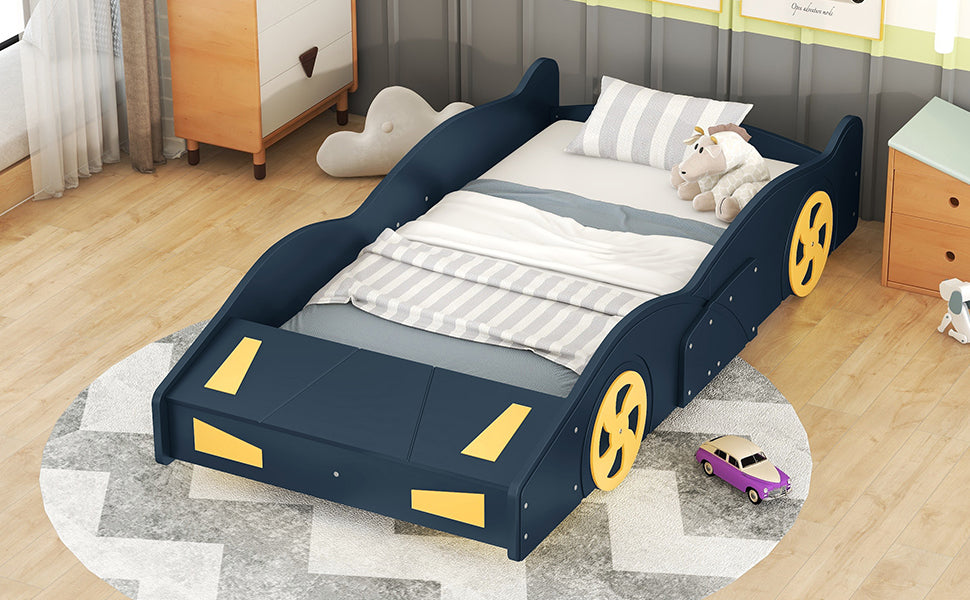 Twin Size Race Car-Shaped Platform Bed with Wheels and Storage, Dark Blue+Yellow