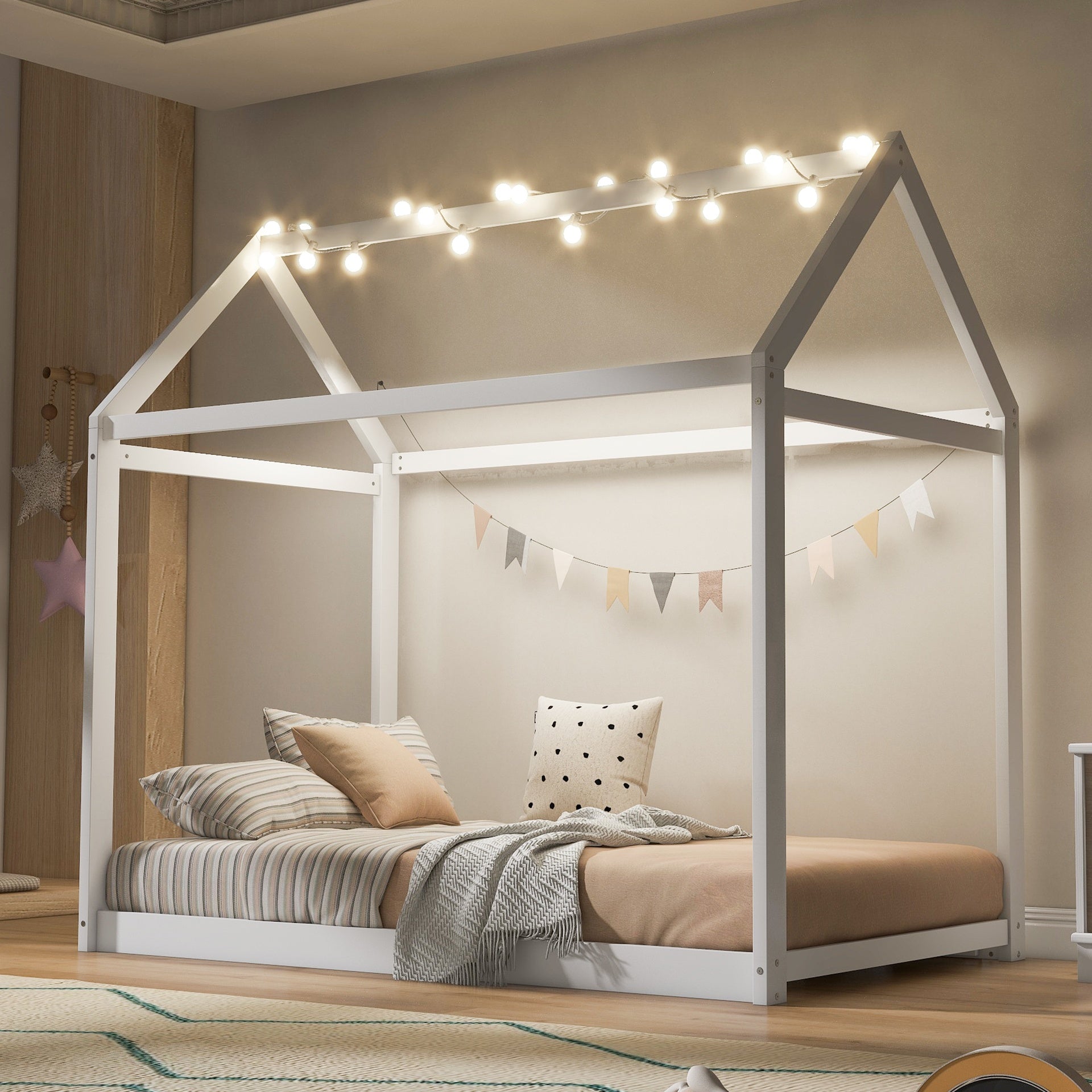 Twin Size Wooden House Bed, White