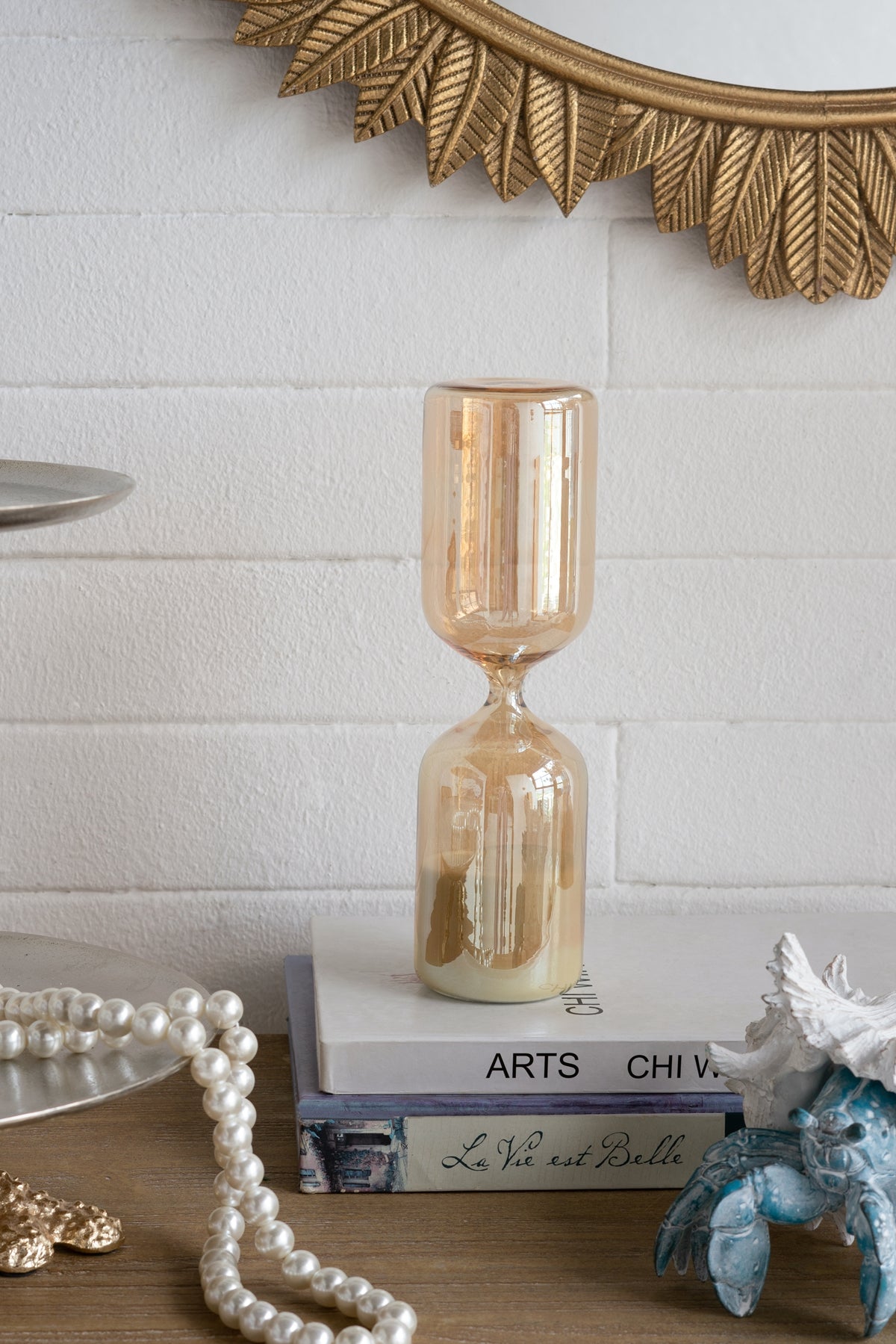 2.8x2.8x9.9" Rounded 45-Minute Hourglass with Shimmering Amber Finish and White Sand