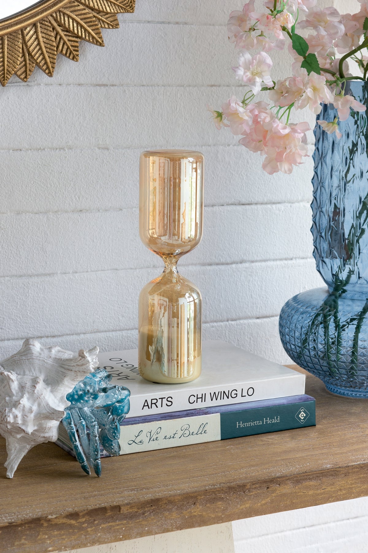 2.8x2.8x9.9" Rounded 45-Minute Hourglass with Shimmering Amber Finish and White Sand