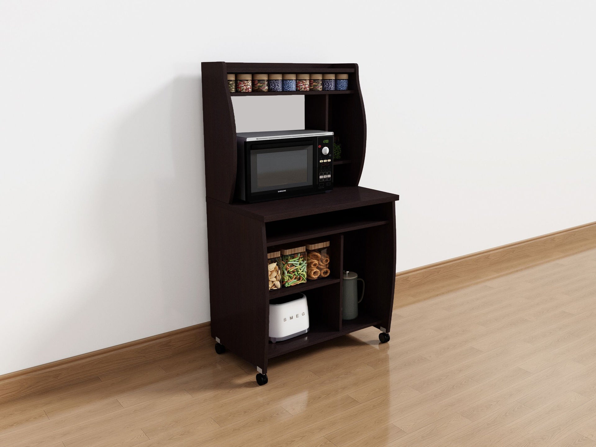 Microwave cart computer cart utility cart with hutch shelves spice rack mobile on locking castors red cocoa espresso