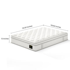 12'' Hybrid Mattress - Queen, Memory Foam & Pocket Springs for Pressure Relief, Fiberglass Free Ergonomic Home White