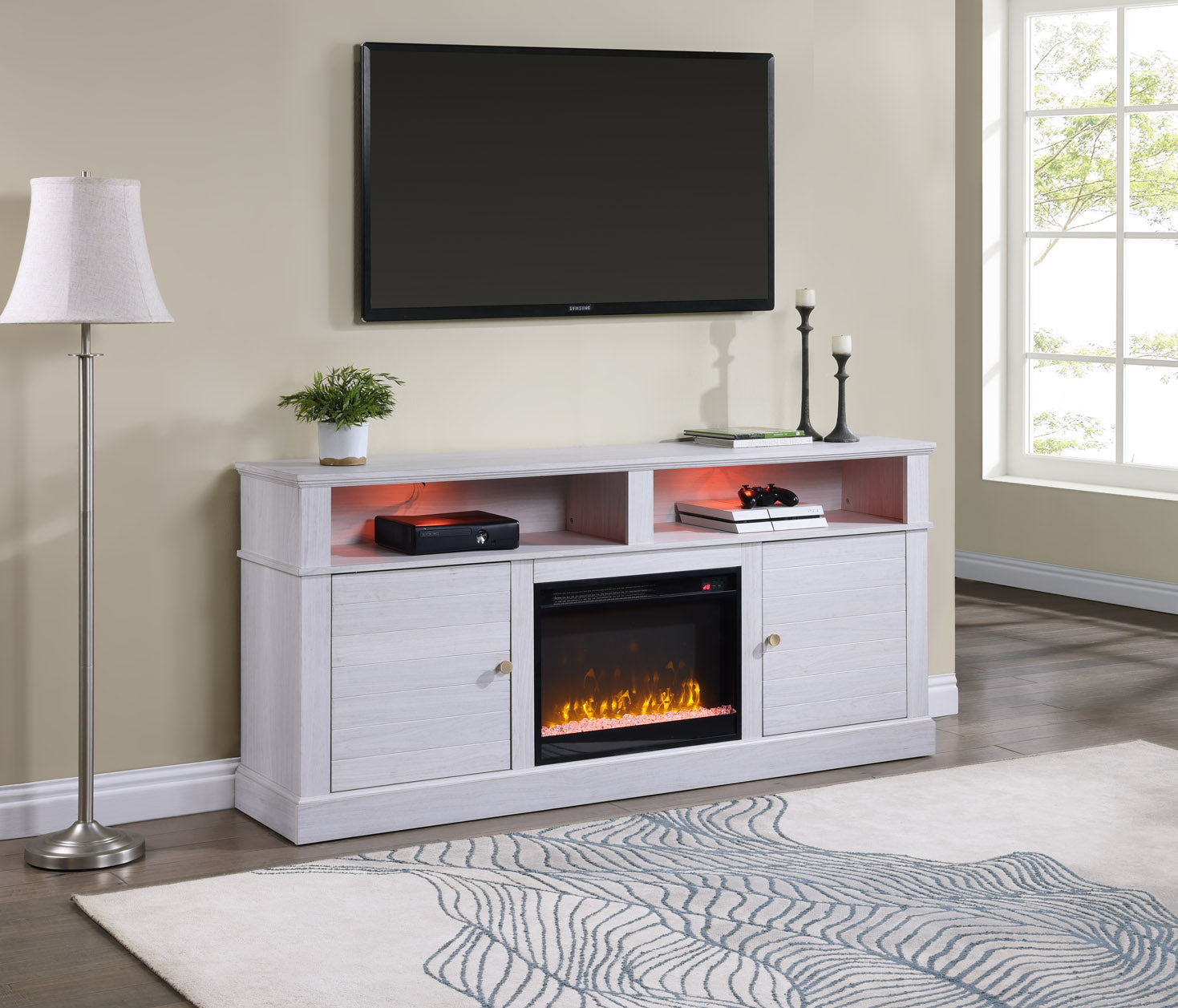 Terra 70" White Walnut Finish TV Stand Console with Fireplace, Heater