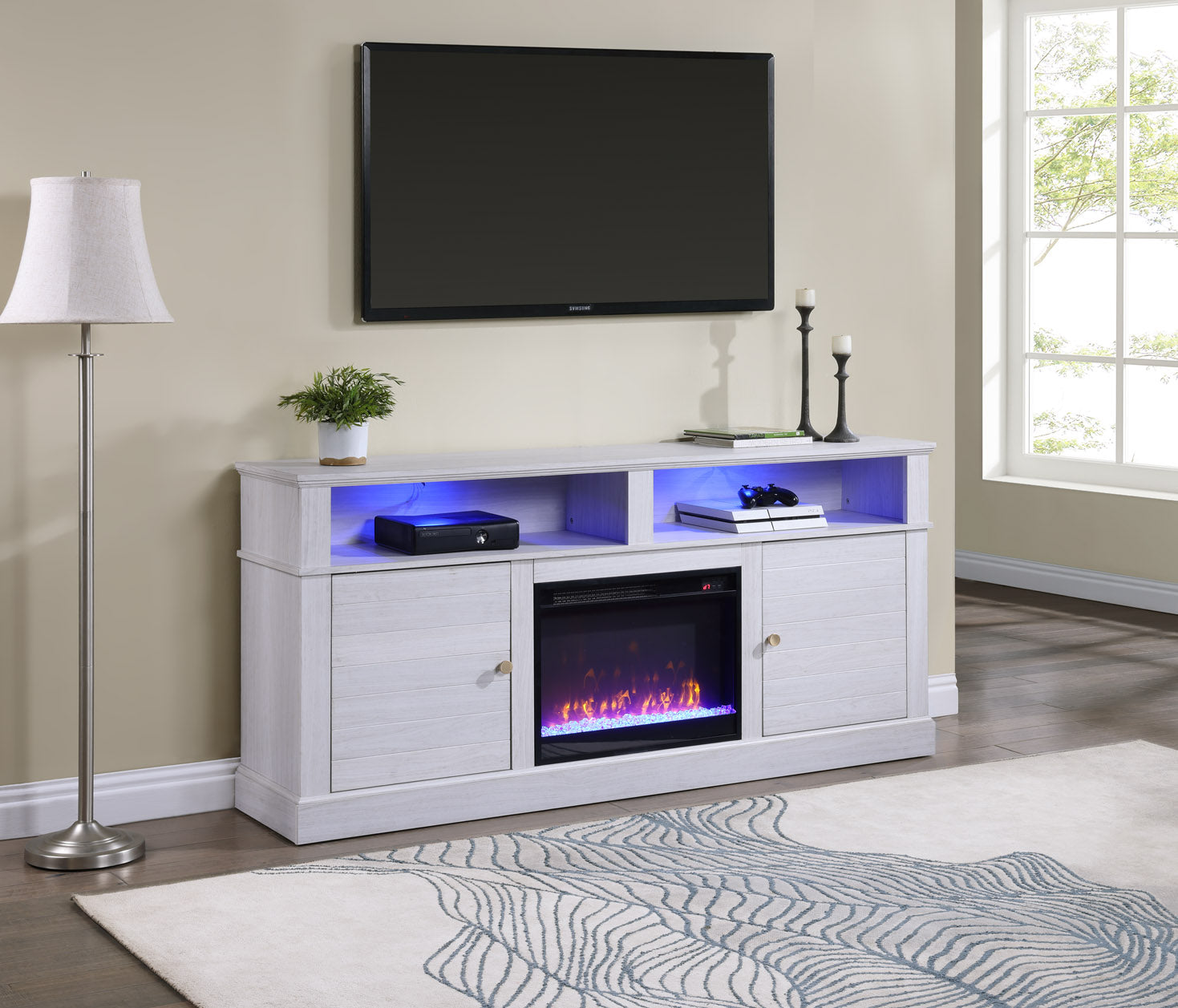 Terra 70" White Walnut Finish TV Stand Console with Fireplace, Heater