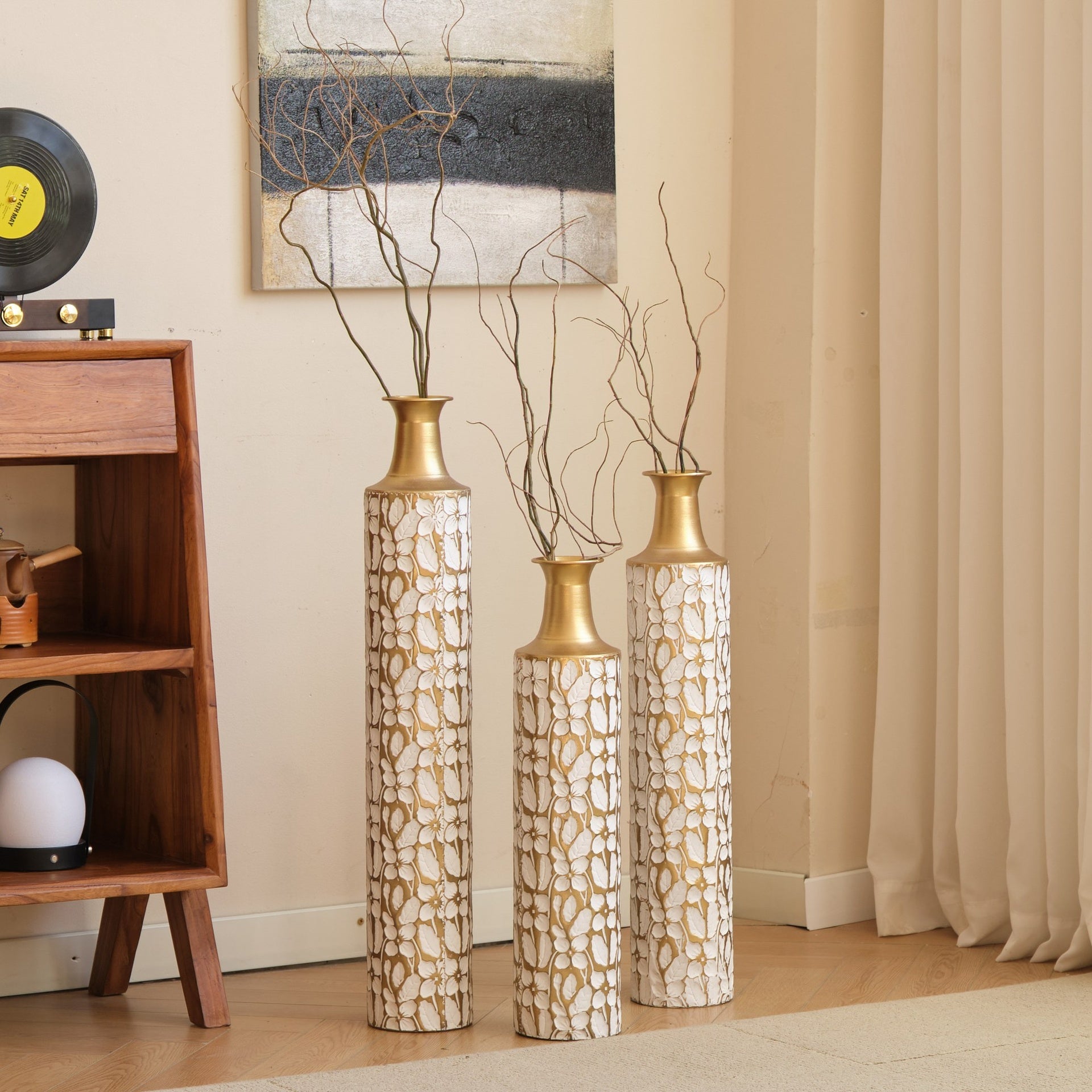 Decorative Metal Vases Set of 3, 24/28/32.3 Inch Gold Leaf Pattern Floor Vases, White & Gold Tall Vases for Home Decor, Living Room Entryway Decor (5.31in Base Width)