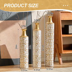 Decorative Metal Vases Set of 3, 24/28/32.3 Inch Gold Leaf Pattern Floor Vases, White & Gold Tall Vases for Home Decor, Living Room Entryway Decor (5.31in Base Width)