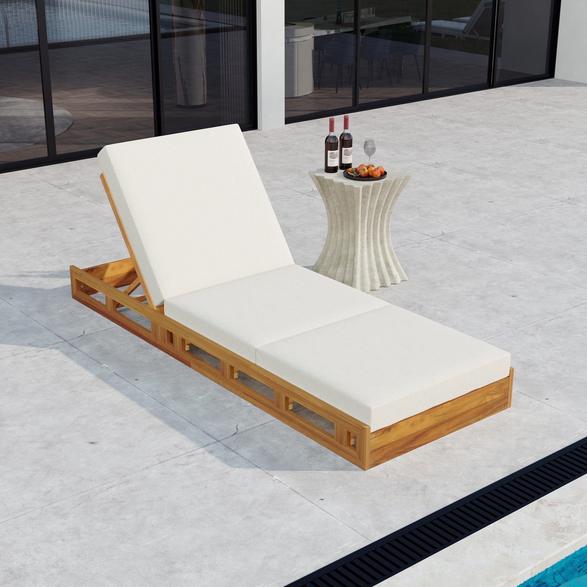 LOUNGE CHAISE SET, ACACIA SOLID WOOD WITH LOUNGE CUSHION (CREAM & TRIPLE FOLD) - MATCHING DARK GREY VERSION AVAILABLE