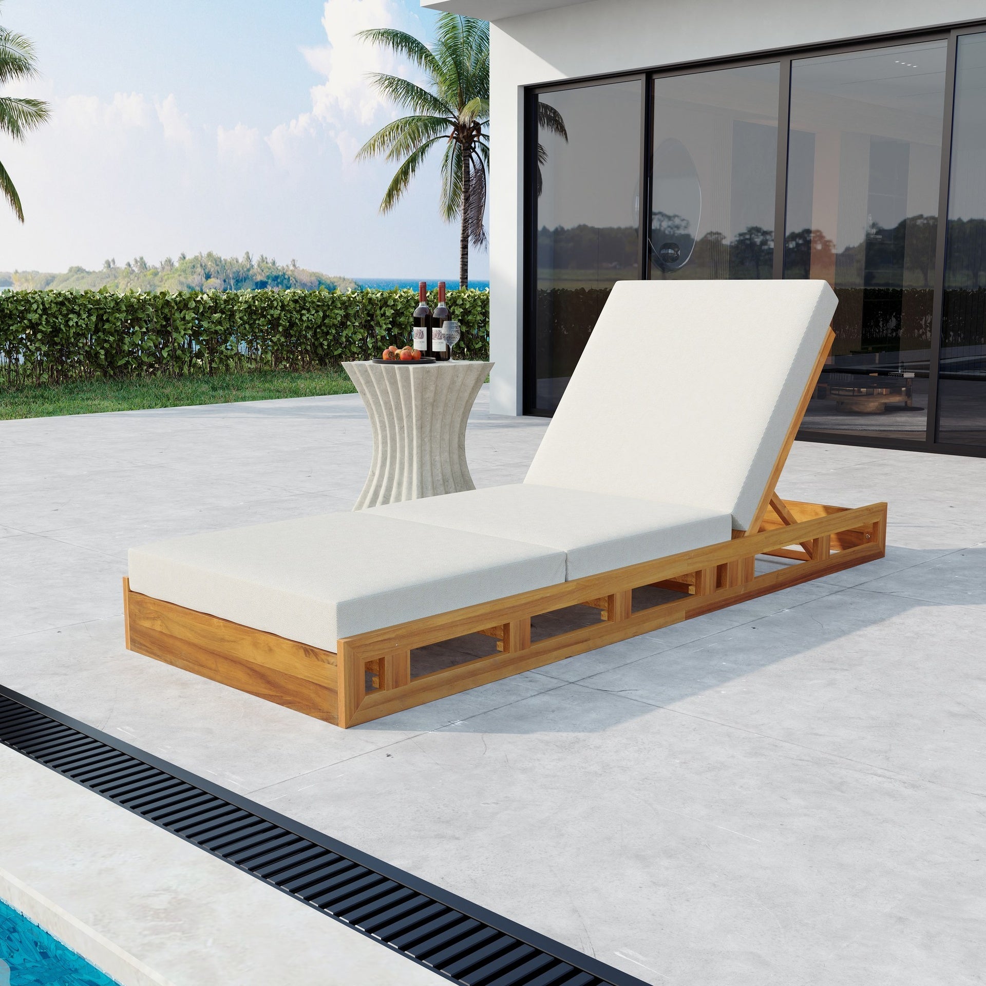 LOUNGE CHAISE SET, ACACIA SOLID WOOD WITH LOUNGE CUSHION (CREAM & TRIPLE FOLD) - MATCHING DARK GREY VERSION AVAILABLE