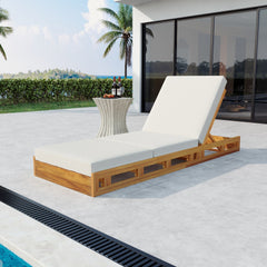 LOUNGE CHAISE SET, ACACIA SOLID WOOD WITH LOUNGE CUSHION (CREAM & TRIPLE FOLD) - MATCHING DARK GREY VERSION AVAILABLE