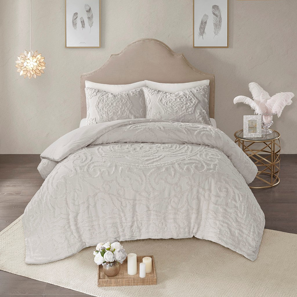 3-Piece Tufted Cotton Chenille Medallion Comforter Set Grey King/Cal King