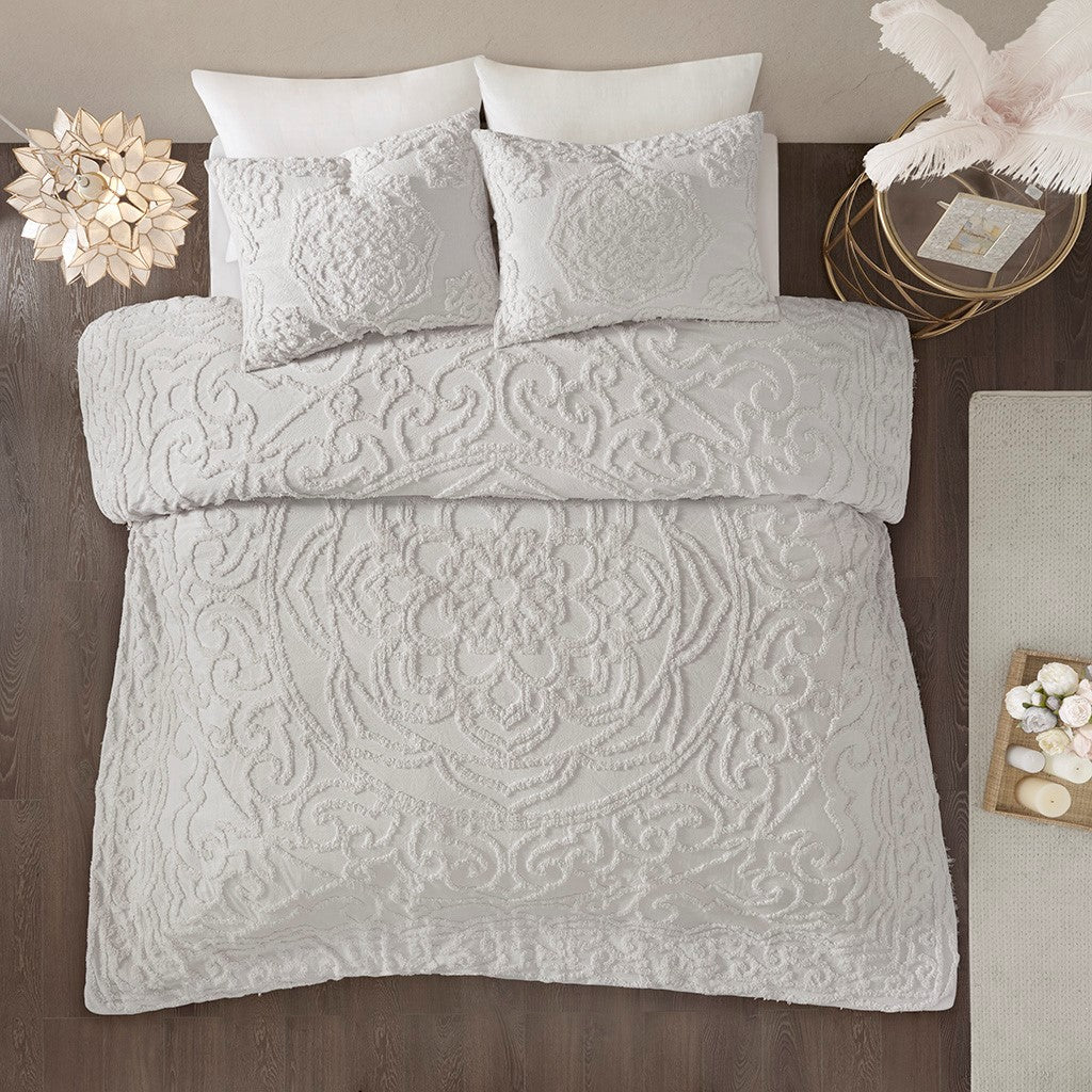 3-Piece Tufted Cotton Chenille Medallion Comforter Set Grey King/Cal King