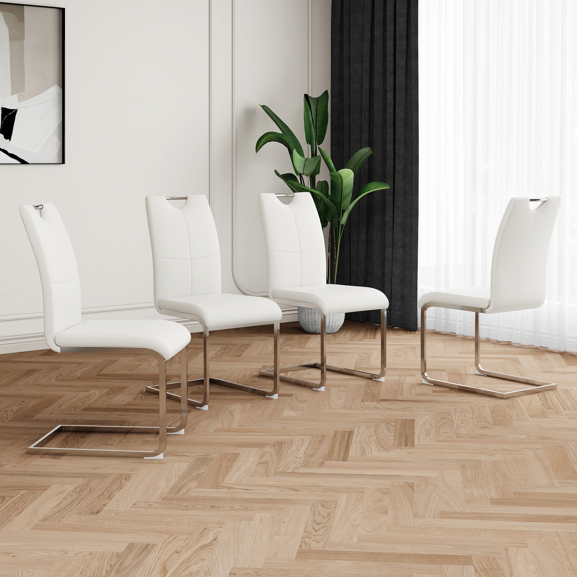 Modern Dining Chairs with Faux Leather Padded Seat Dining Living Room Chairs Upholstered Chair with Chrome Metal Legs Design for Kitchen, Living, Bedroom, Dining Room Side Chairs Set of 4