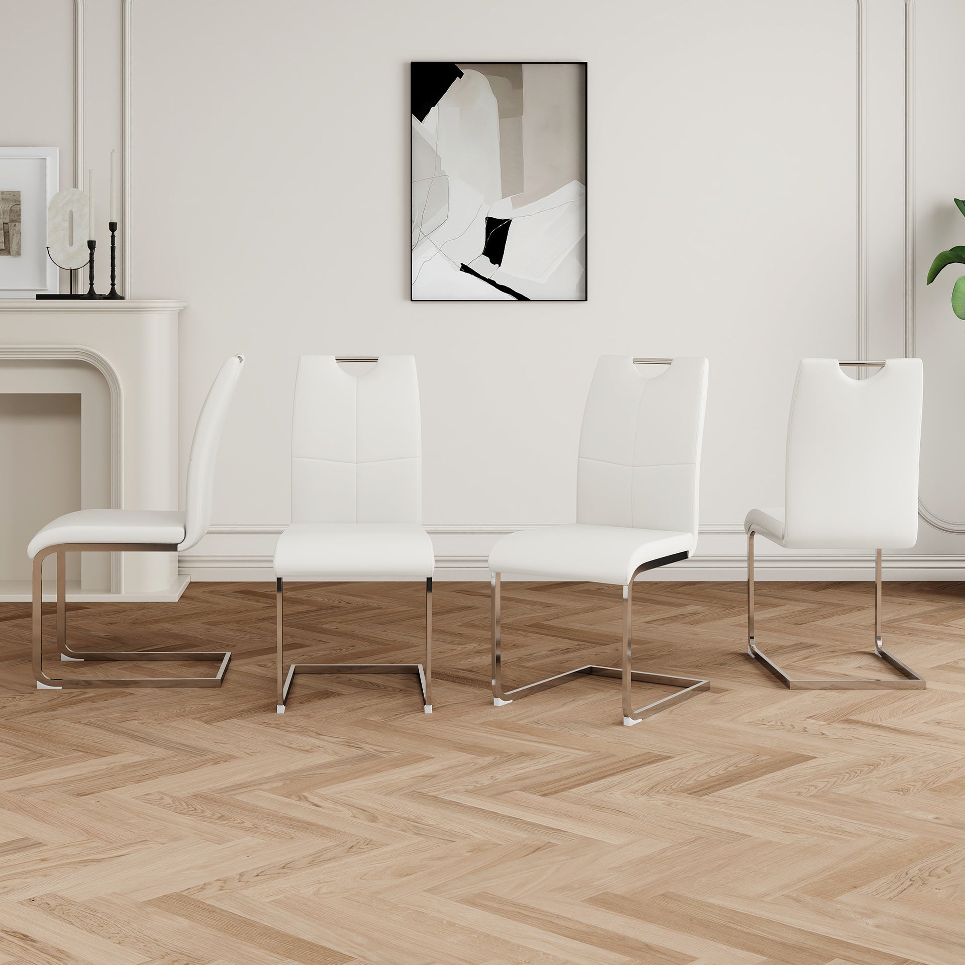 Modern Dining Chairs with Faux Leather Padded Seat Dining Living Room Chairs Upholstered Chair with Chrome Metal Legs Design for Kitchen, Living, Bedroom, Dining Room Side Chairs Set of 4