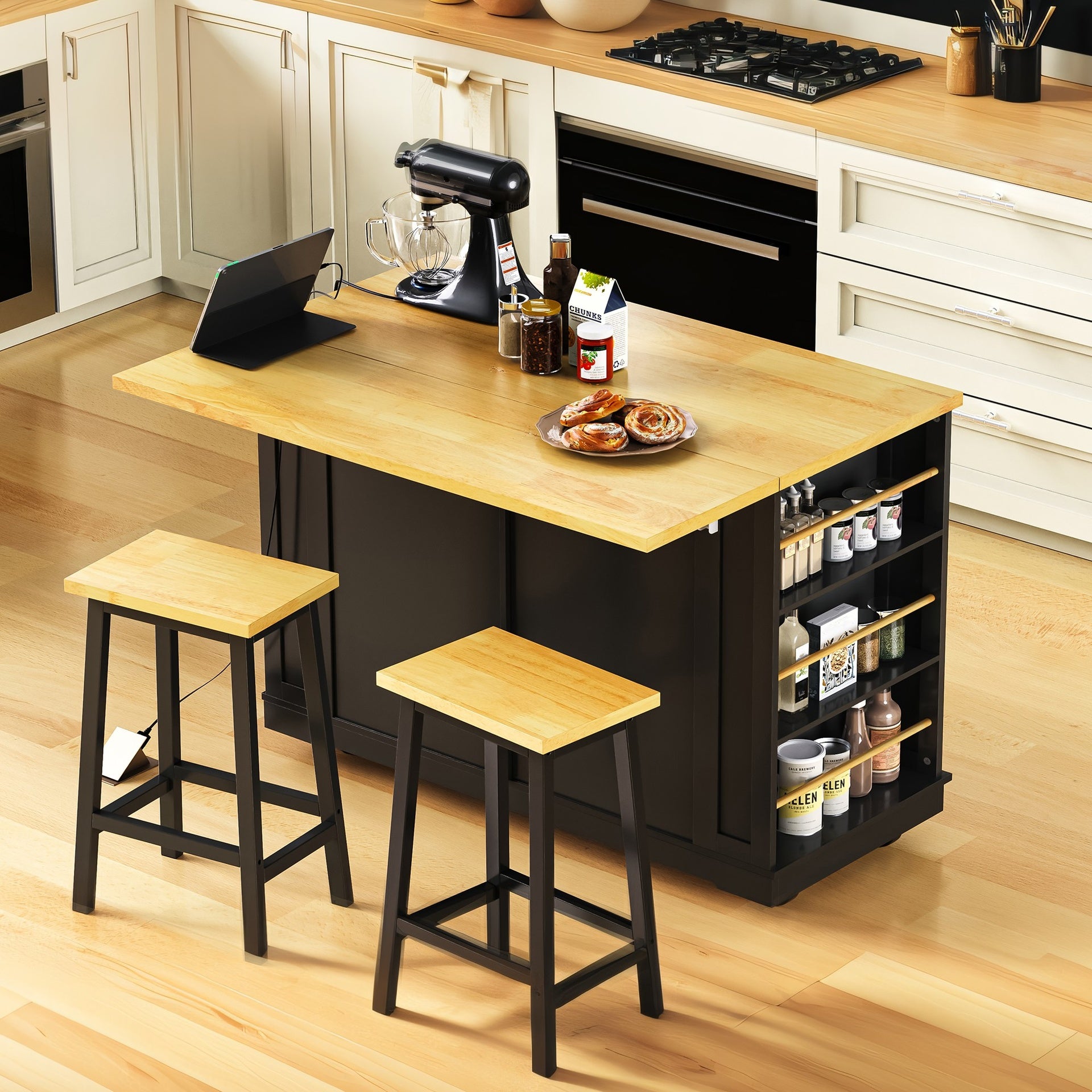 K&K 48 inch Large Kitchen Island with Drop Leaf,Power Outlet,Internal Storage Rack,Rolling Kitchen Storage Cart on 5 Wheels with 5 Open Side Racks,for Kitchen,Black (Two Packages)(Not Include Stools)