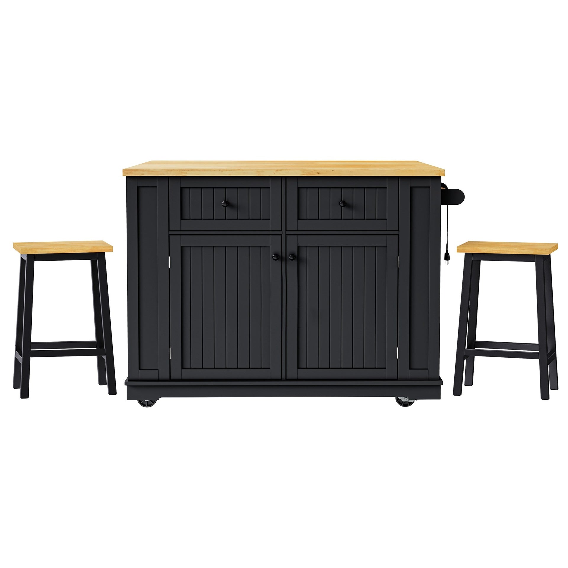 K&K 48 inch Large Kitchen Island with Drop Leaf,Power Outlet,Internal Storage Rack,Rolling Kitchen Storage Cart on 5 Wheels with 5 Open Side Racks,for Kitchen,Black (Two Packages)(Not Include Stools)