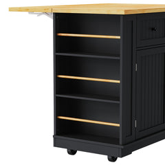 K&K 48inch Large Kitchen Island with 2 Bar Stools, Power Outlet, Door Internal Storage Rack, Kitchen Storage Cart on 5 Wheels with Drop Leaf, 5 Open Side Racks, 2 Drawers, Black (Three Packages)