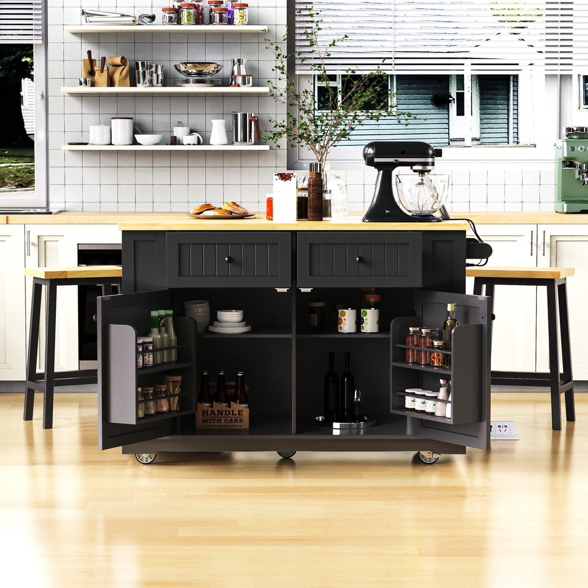 K&K 48inch Large Kitchen Island with 2 Bar Stools, Power Outlet, Door Internal Storage Rack, Kitchen Storage Cart on 5 Wheels with Drop Leaf, 5 Open Side Racks, 2 Drawers, Black (Three Packages)