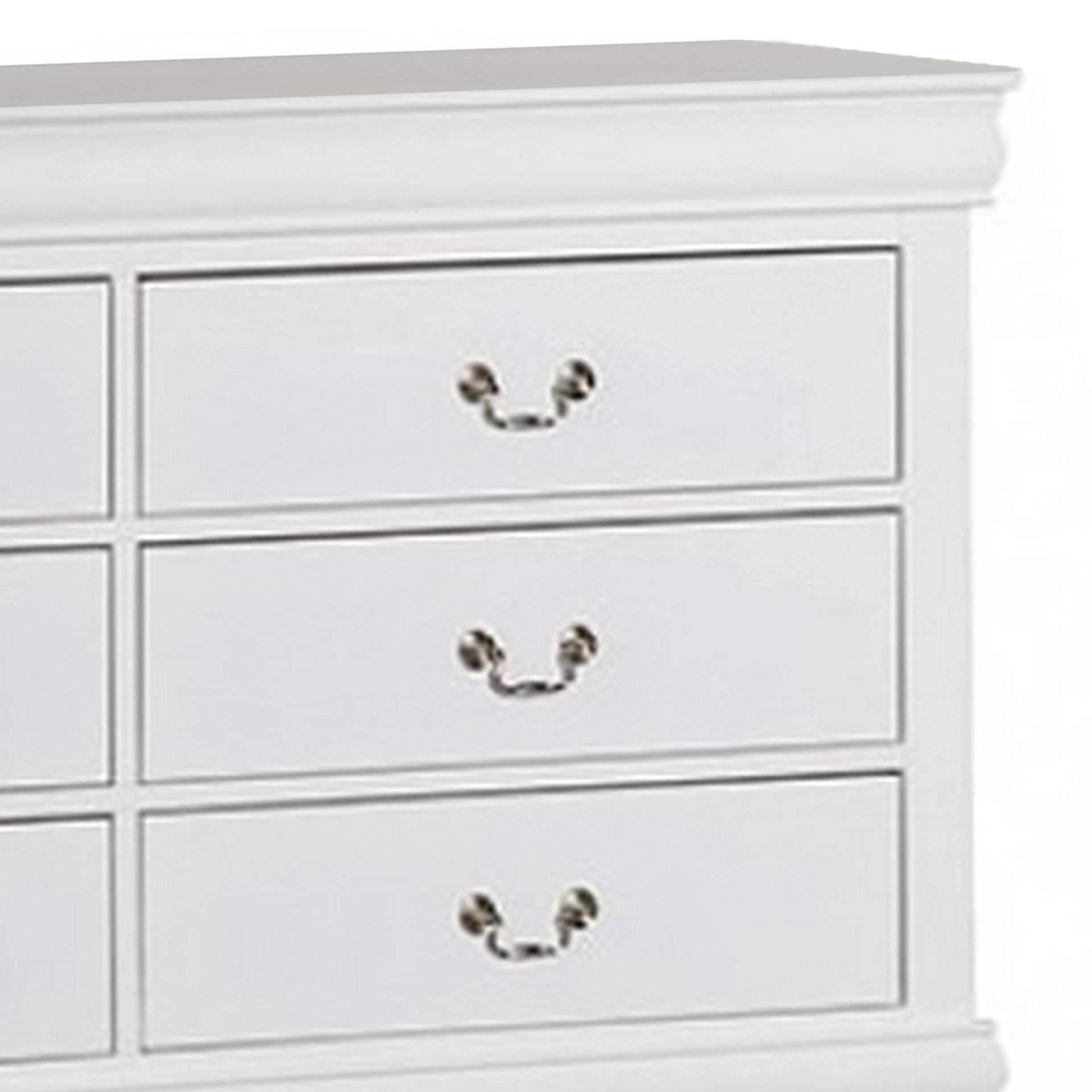 Ryla Wide Dresser Chest, 6 Drawers, Nickel Metal Handles, White Solid Wood