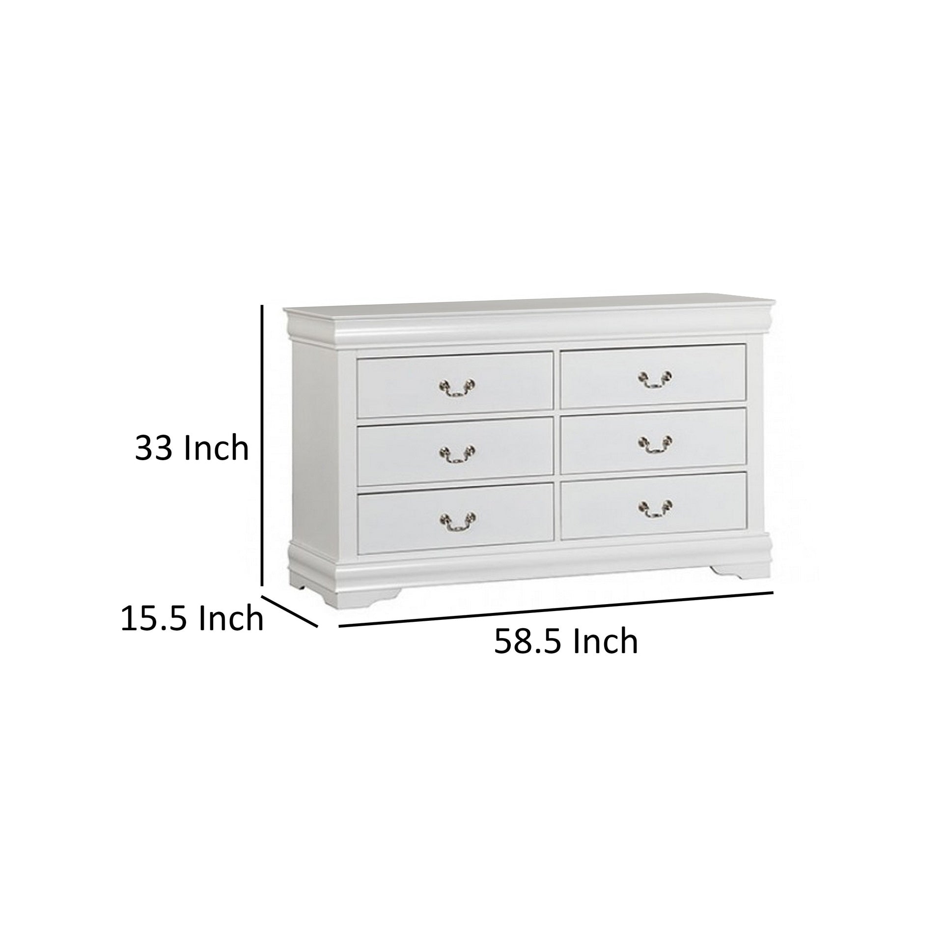 Ryla Wide Dresser Chest, 6 Drawers, Nickel Metal Handles, White Solid Wood