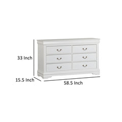 Ryla Wide Dresser Chest, 6 Drawers, Nickel Metal Handles, White Solid Wood