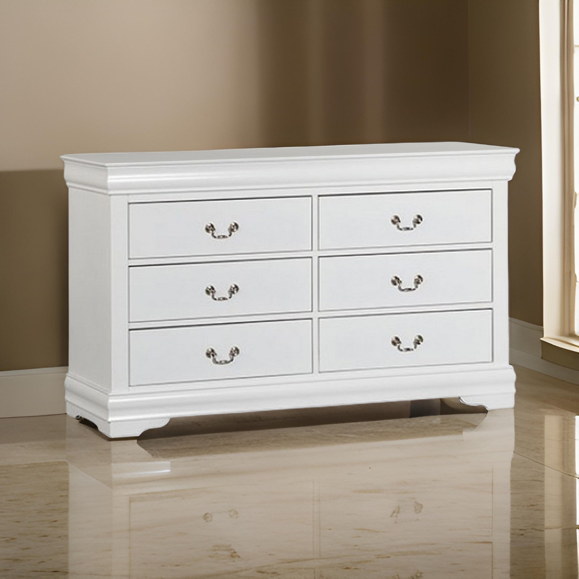 Ryla Wide Dresser Chest, 6 Drawers, Nickel Metal Handles, White Solid Wood