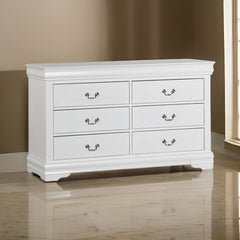 Ryla Wide Dresser Chest, 6 Drawers, Nickel Metal Handles, White Solid Wood