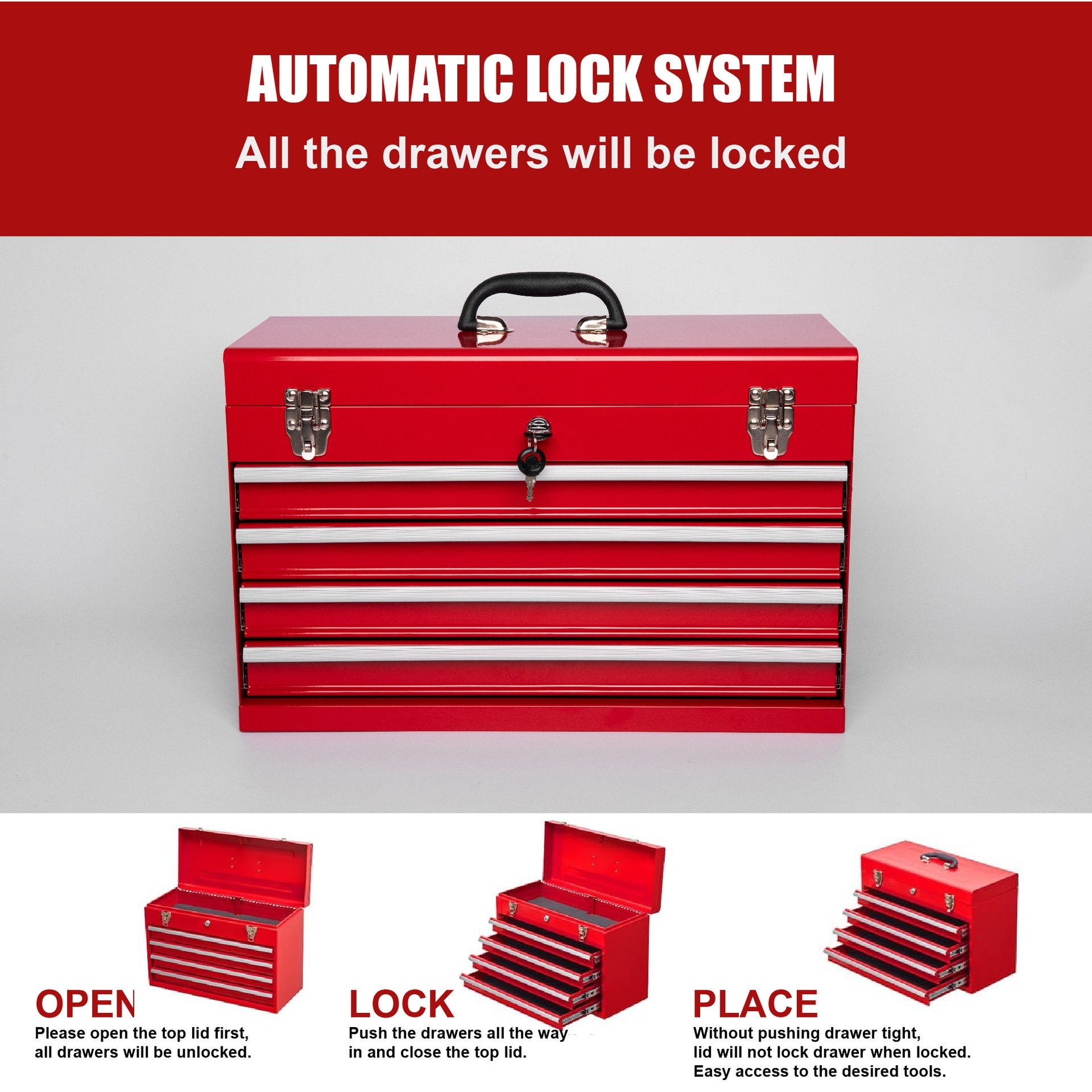 Heavy Duty Metal Tool Box, 21-inch, Portable Metal Tool Box with 4 Drawers, Small Tool Chest with EVA Liners, Ball Bearing Slide Drawers Locking & Powder Coated Finish, Multi-Function Tool Organizer