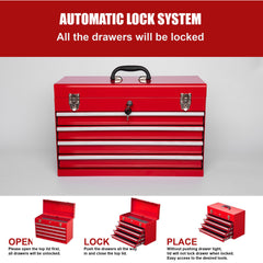 Heavy Duty Metal Tool Box, 21-inch, Portable Metal Tool Box with 4 Drawers, Small Tool Chest with EVA Liners, Ball Bearing Slide Drawers Locking & Powder Coated Finish, Multi-Function Tool Organizer
