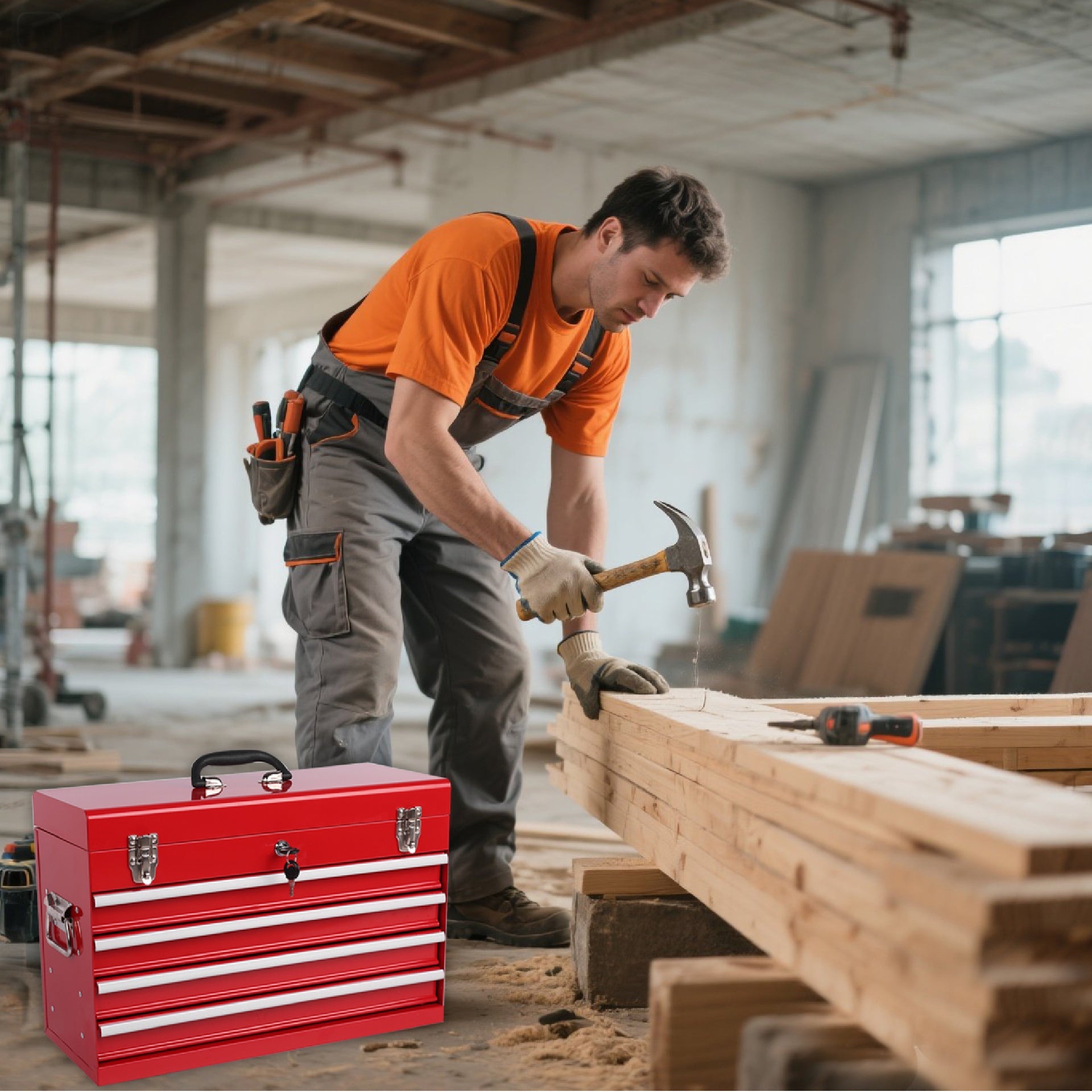 Heavy Duty Metal Tool Box, 21-inch, Portable Metal Tool Box with 4 Drawers, Small Tool Chest with EVA Liners, Ball Bearing Slide Drawers Locking & Powder Coated Finish, Multi-Function Tool Organizer