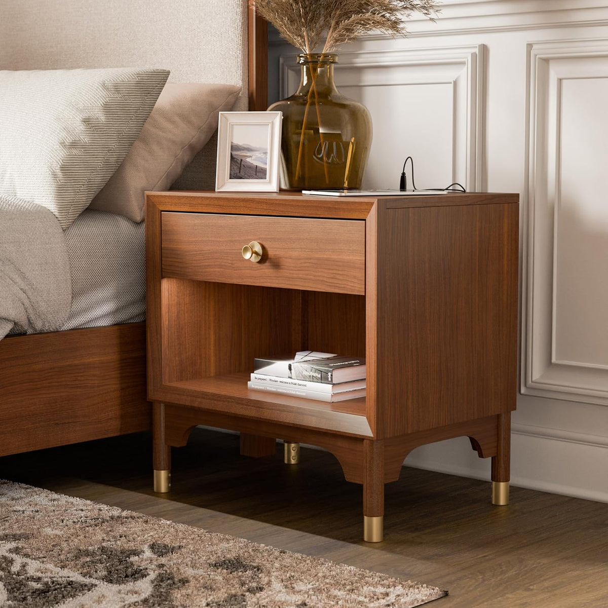 Mid Century Modern Style 1pc Nightstand English Dovetail Drawer USB Port Gold Capped Legs Walnut Finish Bedroom Furniture