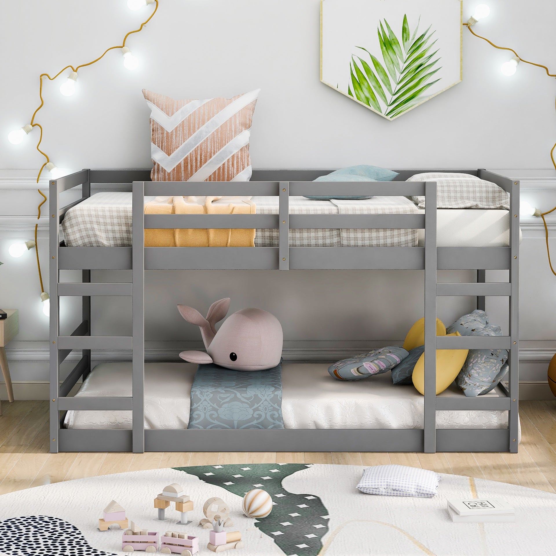 Twin Over Twin Bunk Bed with Ladder, Gray