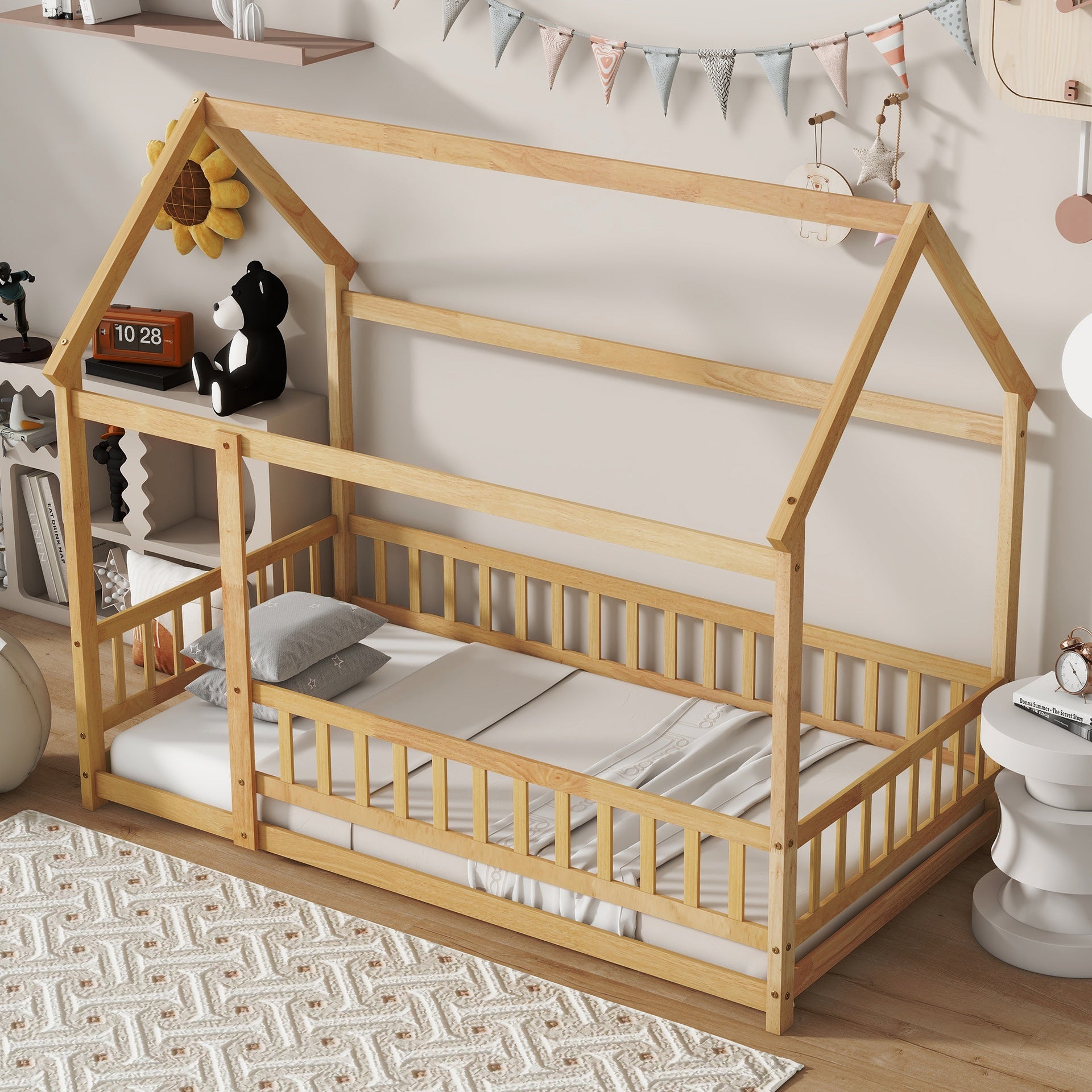 Twin Size House Floor Wooden Bed with Roof Frame,Safety Guardrails,Natural