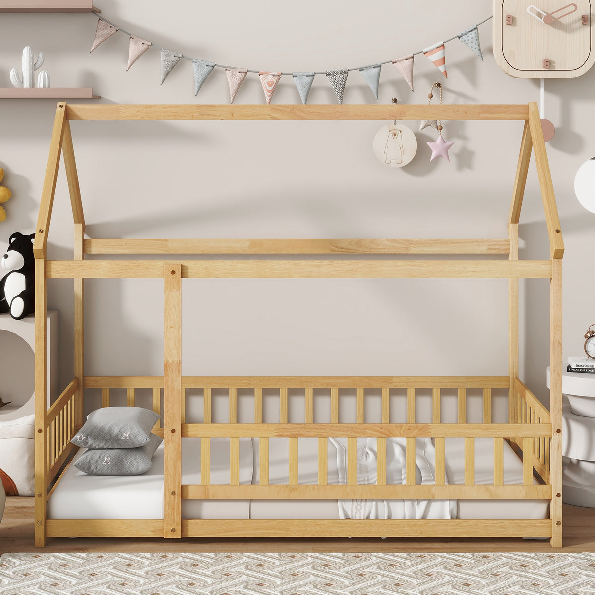 Twin Size House Floor Wooden Bed with Roof Frame,Safety Guardrails,Natural