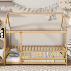 Twin Size House Floor Wooden Bed with Roof Frame,Safety Guardrails,Natural