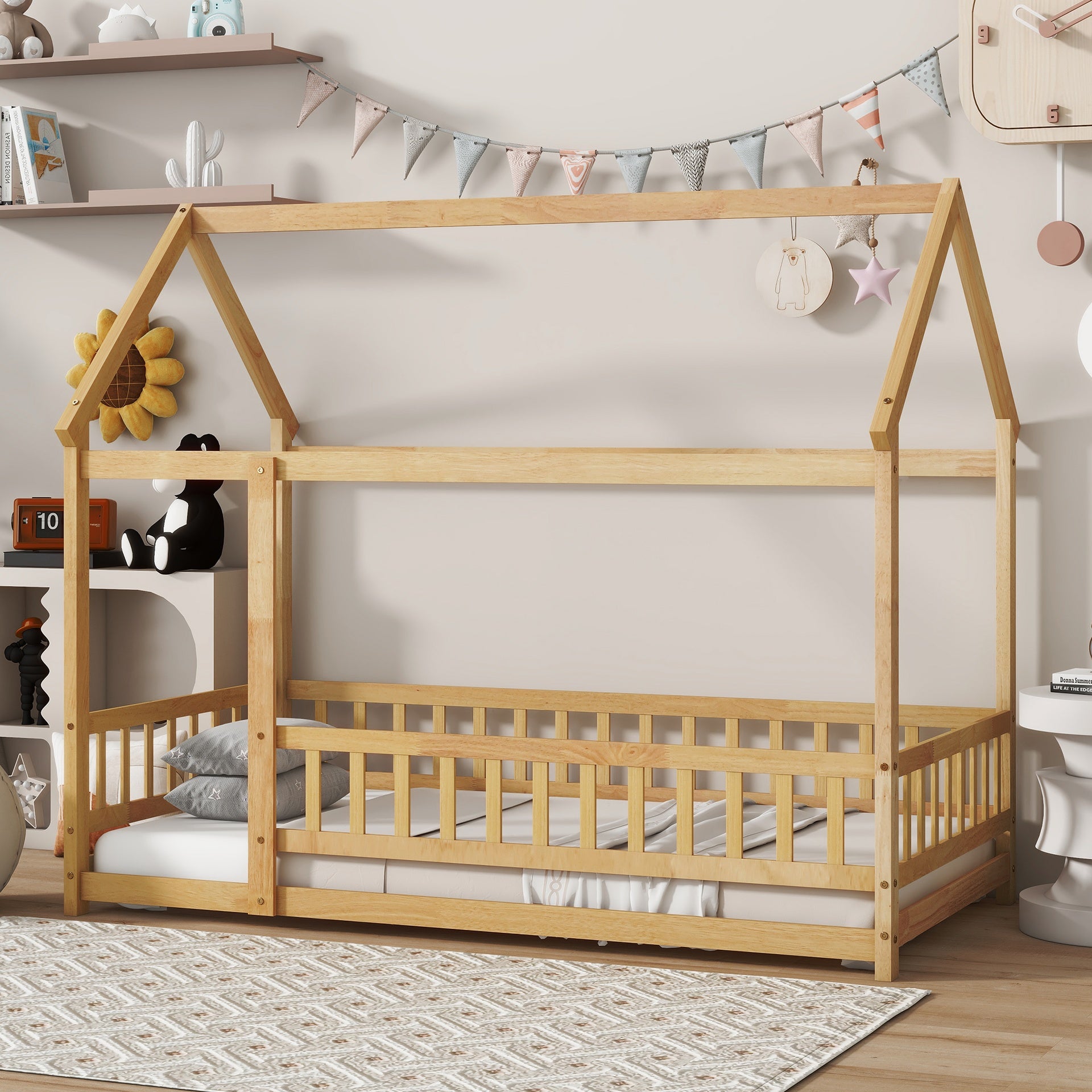 Twin Size House Floor Wooden Bed with Roof Frame,Safety Guardrails,Natural