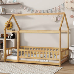 Twin Size House Floor Wooden Bed with Roof Frame,Safety Guardrails,Natural