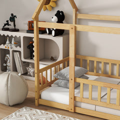 Twin Size House Floor Wooden Bed with Roof Frame,Safety Guardrails,Natural