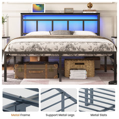 14 Inch Twin Bed Frame with Storage Headboard, Metal Platform Bed Frame with USB-C,Type-C and LED Light, Black