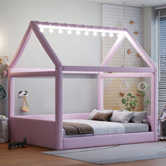 Full Size Upholstered House Daybed with LED Light Strips,Pink