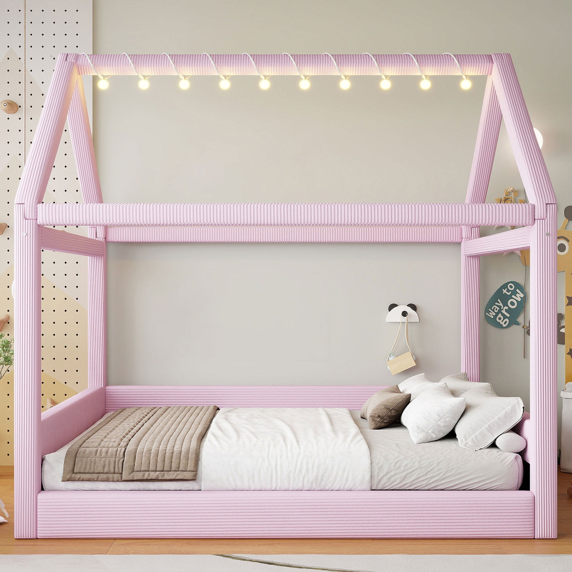 Full Size Upholstered House Daybed with LED Light Strips,Pink