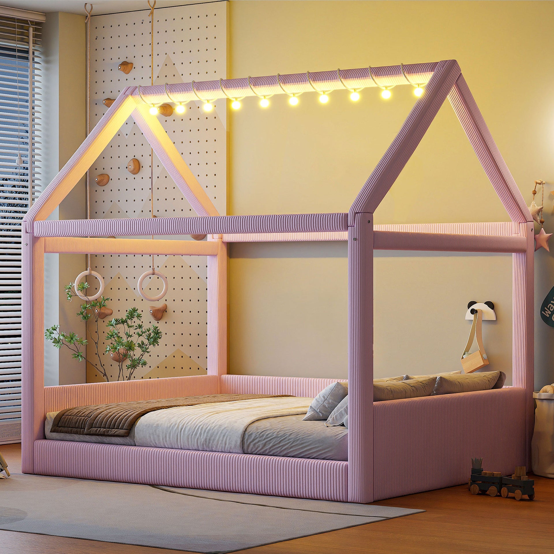Full Size Upholstered House Daybed with LED Light Strips,Pink