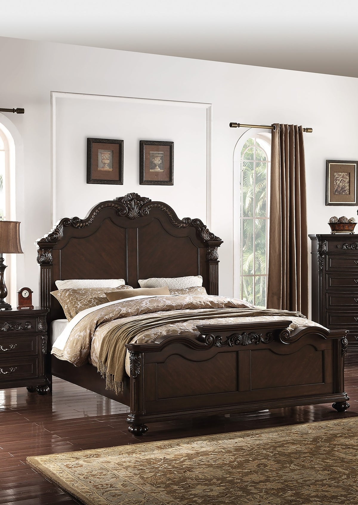 Traditional Style Eastern King Size Bed 1pc Bun Feet Carved Details Tall Headboard Antique Cherry Finish Bedroom Furniture