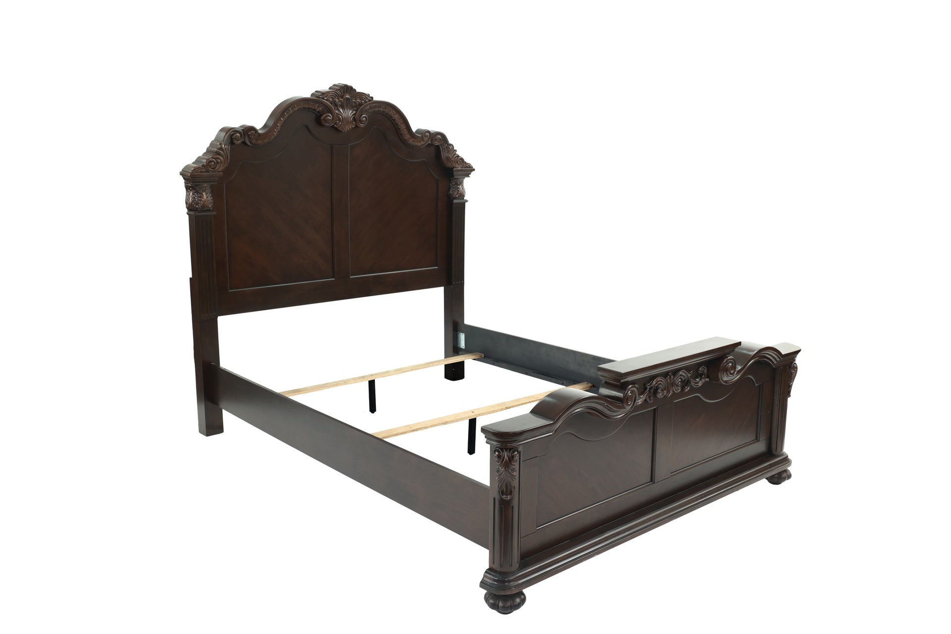 Traditional Style Eastern King Size Bed 1pc Bun Feet Carved Details Tall Headboard Antique Cherry Finish Bedroom Furniture