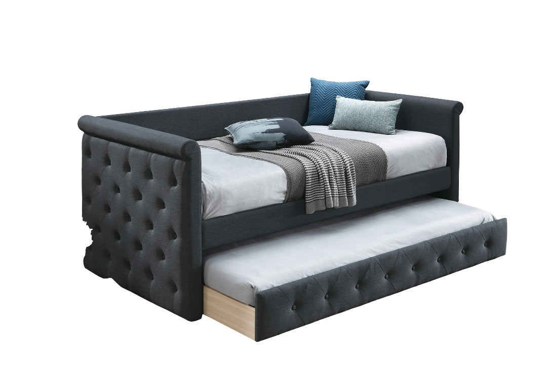1pc Day Bed w/ Slat Trundle Button Tufted Contemporary Charcoal Finish Bedroom Furniture