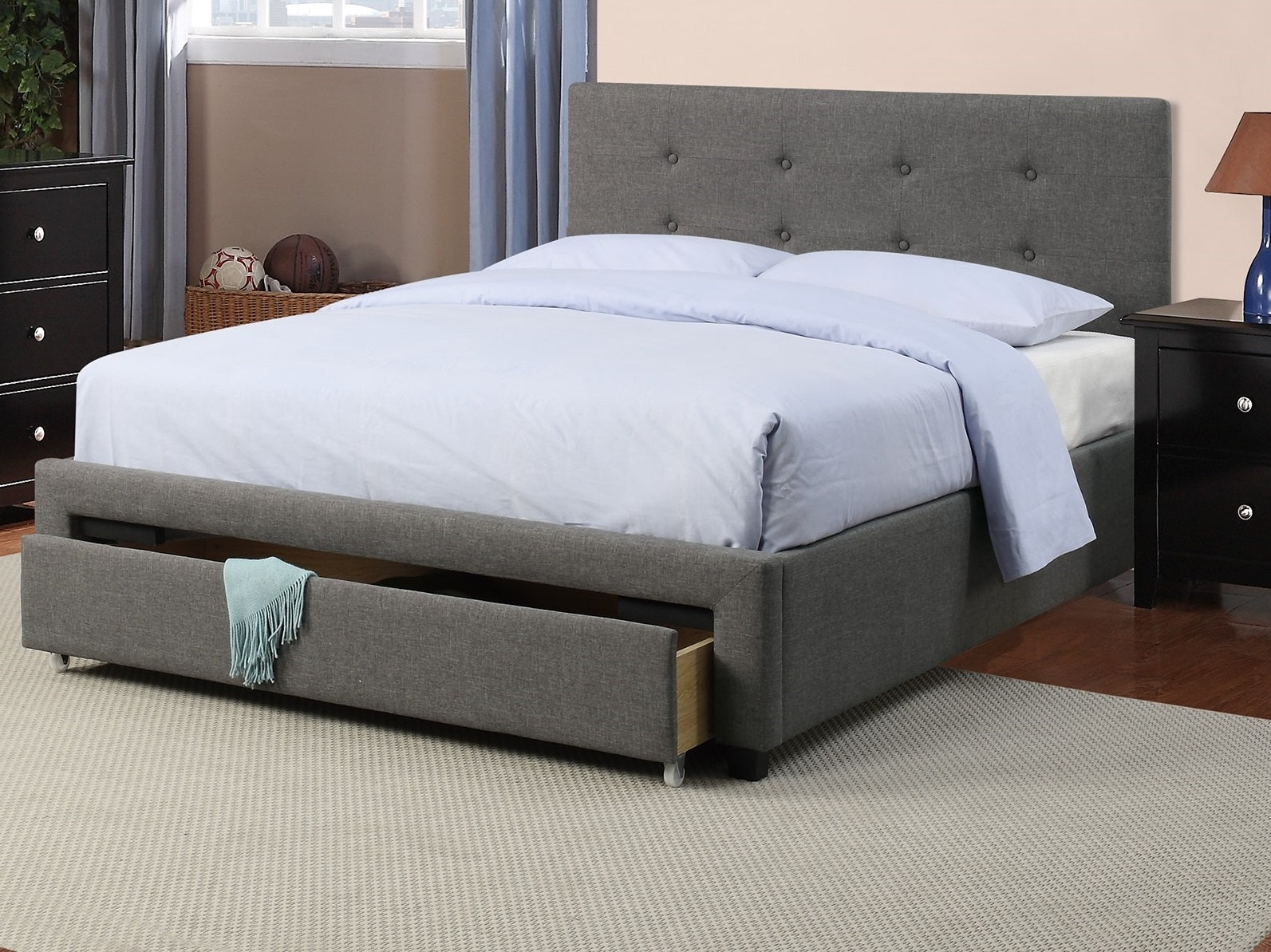 Modern Bedroom Furniture Grey Polyfiber 1pc Full Size Bed Tufted Headboard Storage Drawer Footboard